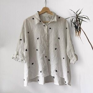 White Button-Up Shirt with Black Cactus Embroidery